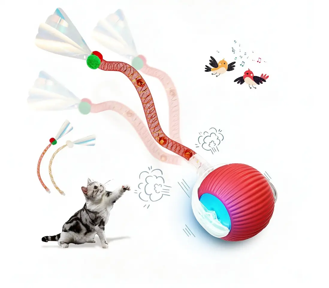 Interactive Cat Toy Ball，3-Inch Diameter, 100% Safe Design Food Grade Silicone Turbo Auto Rolling Ball, Motion-Activated Obstacle Avoidance Kitten Exercise Toy, 500mAh 2 Hours Full Charge (Red)