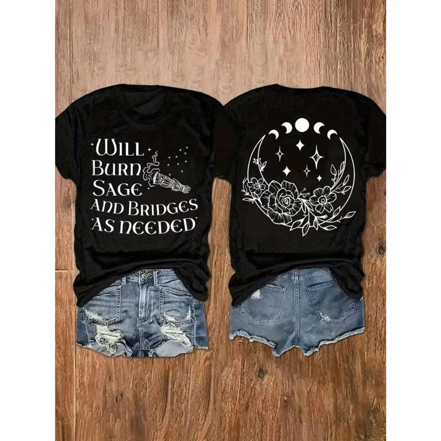 Women's Pure Cotton Short Sleeve Graphic Tee - Round Neck, Pull On, Witchy Celestial Moon Phase, Spiritual Print, Funny Quote, Whimsical Supernatural Elegant Aesthetic, Casual Breathable XL Striped Top