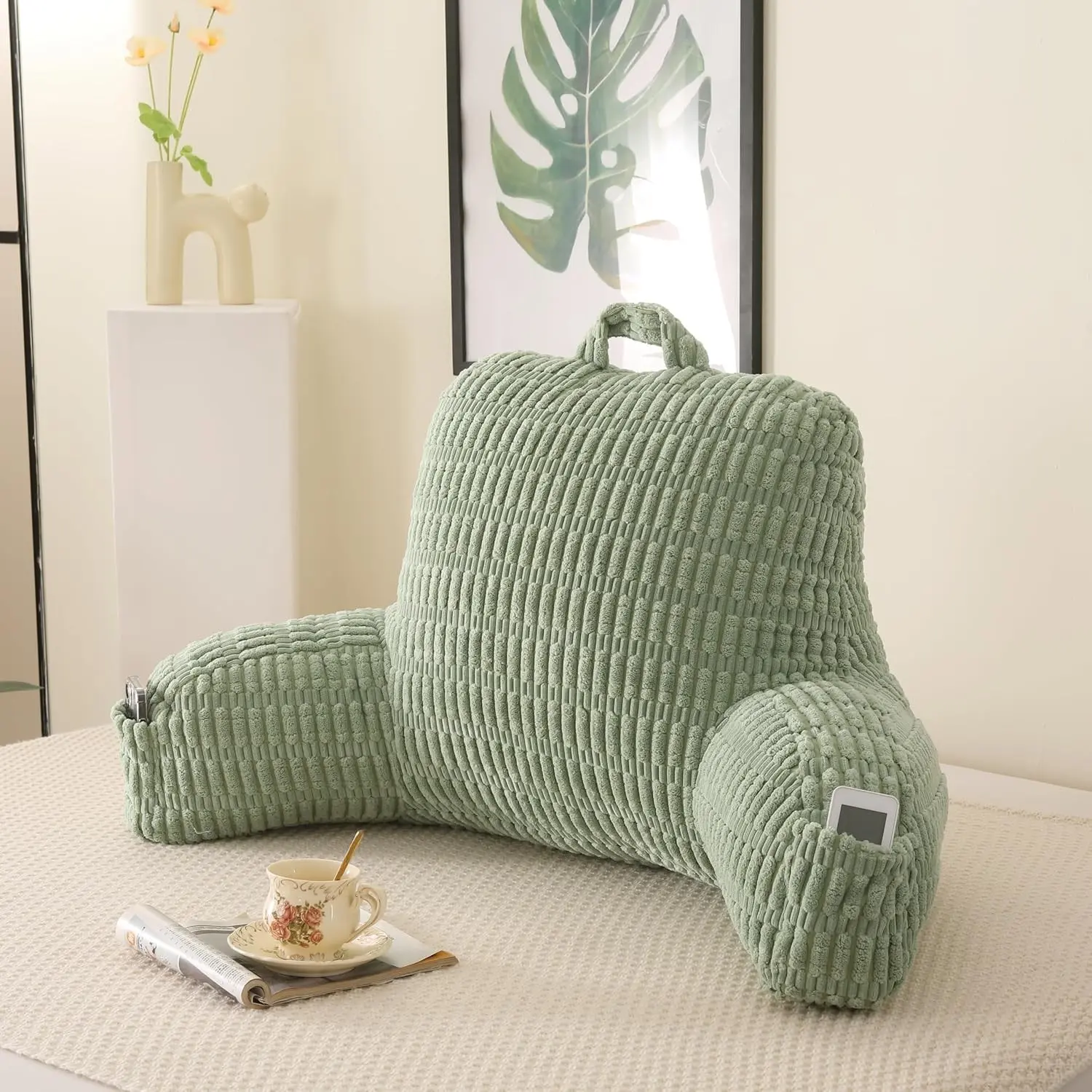 Reading Pillow for Sitting in Bed with Arm, Green Corduroy, 17" Backrest Pillow for Teens Back Support, Supports Reading, Gaming & Relaxing in Bed, Couch, Floor