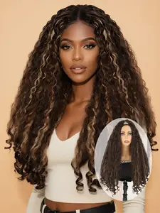 26" V-Part Glueless Synthetic Hair Wig, Brown & Dark Brown Two-Tone African Kinky Curly Hair with Bouncy Ends & 5 Combs, Natural Fluffy Look for Women Wear Daily Party Cosplay