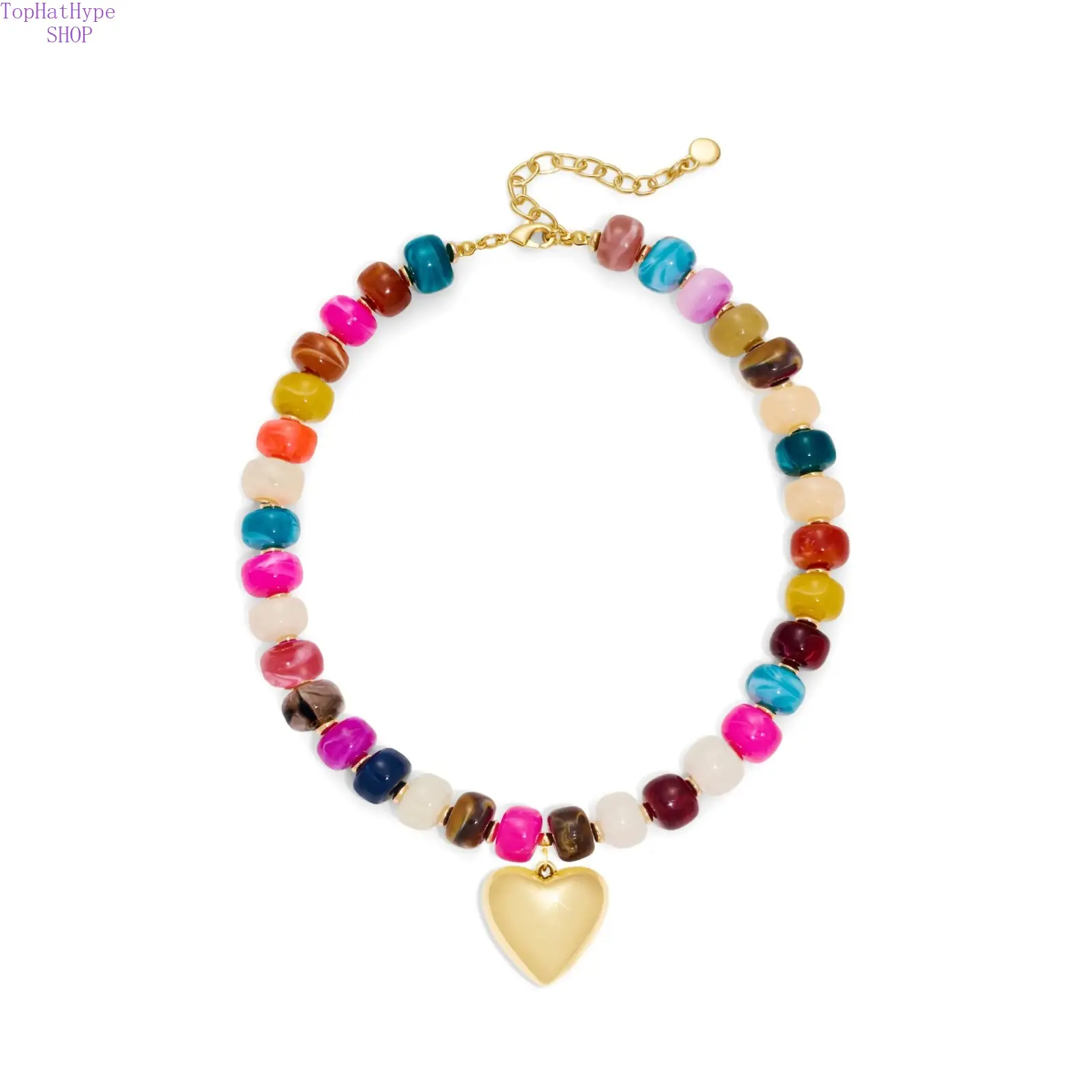 Dopamine Chunky Colored Necklace - Golden Heart Pendant, Beaded Chain Accessory, Summer Beach Statement Costume Jewelry, Colored Necklaces, Golden Heart Necklace