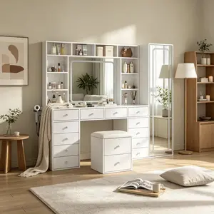 Bestselling Home FurniBestselling [Shipping by 3 Packages] 2-in-1 Vanity Desk Full Length Mirror & LED Mirror with Power Outlet, Makeup Vanity 14 Drawers & 10 Shelves, Hidden Storage Capacity, Dimmable & 3 Color Lighting Dressing Table for Bedroom, White,