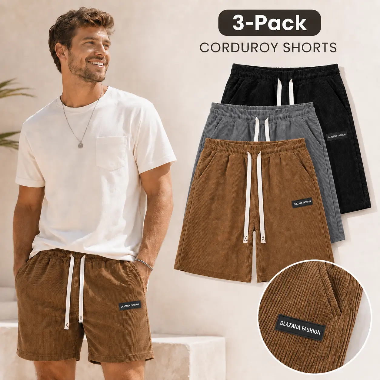 Men’s 3-Pack Corduroy Shorts with Pockets, Ribbed Elastic Waist Drawstring Baggy Lounge Shorts for Summer Casual Streetwear