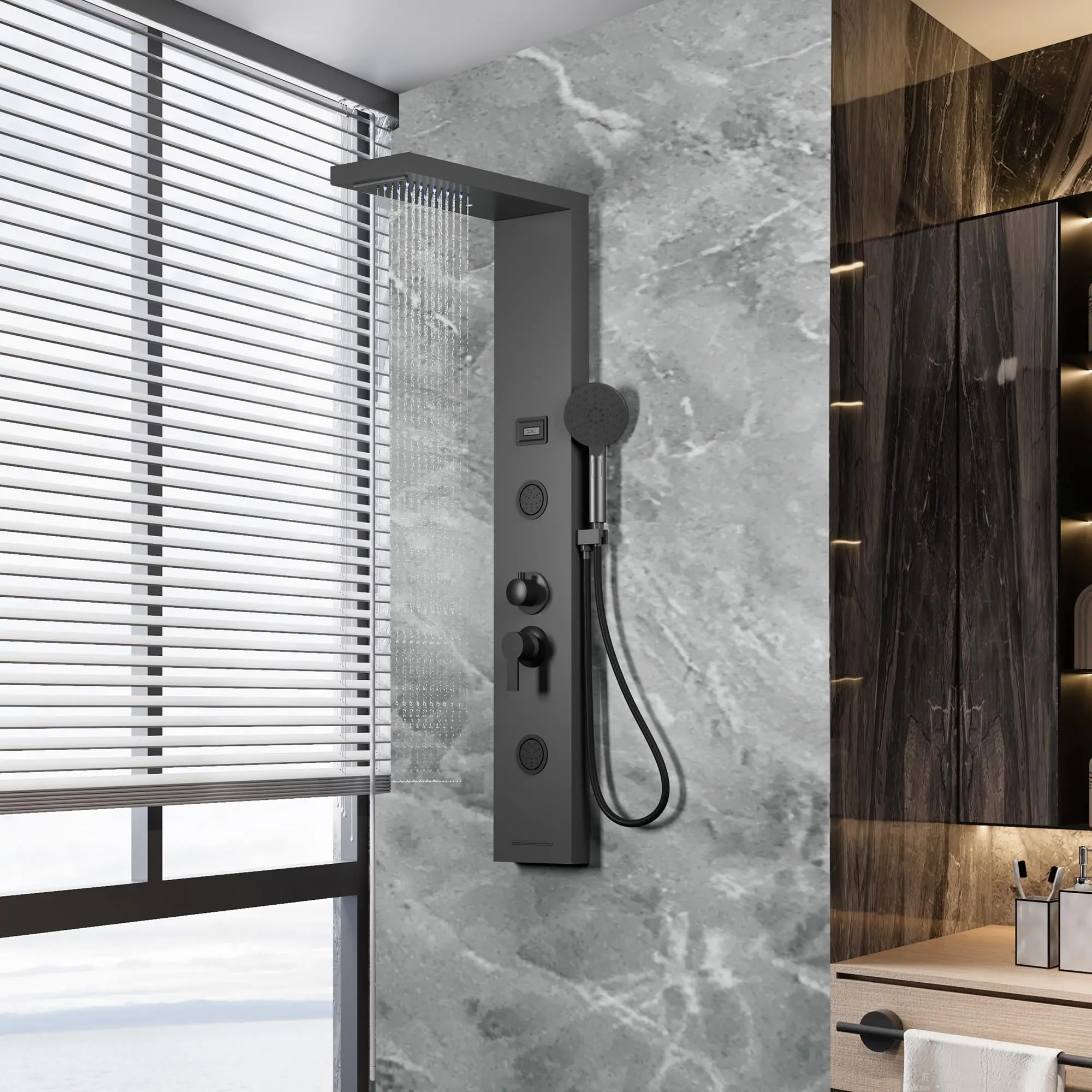 Modern Bathroom Shower Set – 6-in-1 Rainfall & Waterfall Head, Handheld, 2 Body Jets, Tub Spout, Digital Temperature Display, Wall-Mounted summerwins