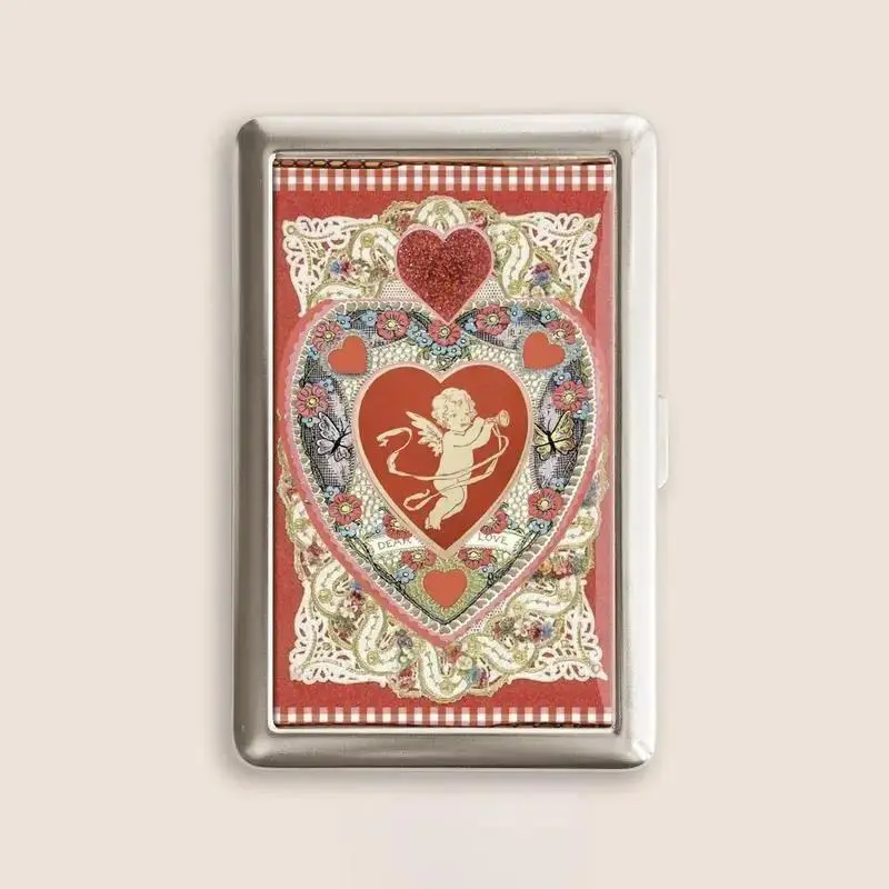 Vintage Heart Metal Card Holder for Women, Cute Cupid Aesthetic Business Card Case, Coquette Style Pocket Wallet Organizer, Slim Mini Storage Case for Cards, Cash, Notes, Gift for Her for Everyday Use