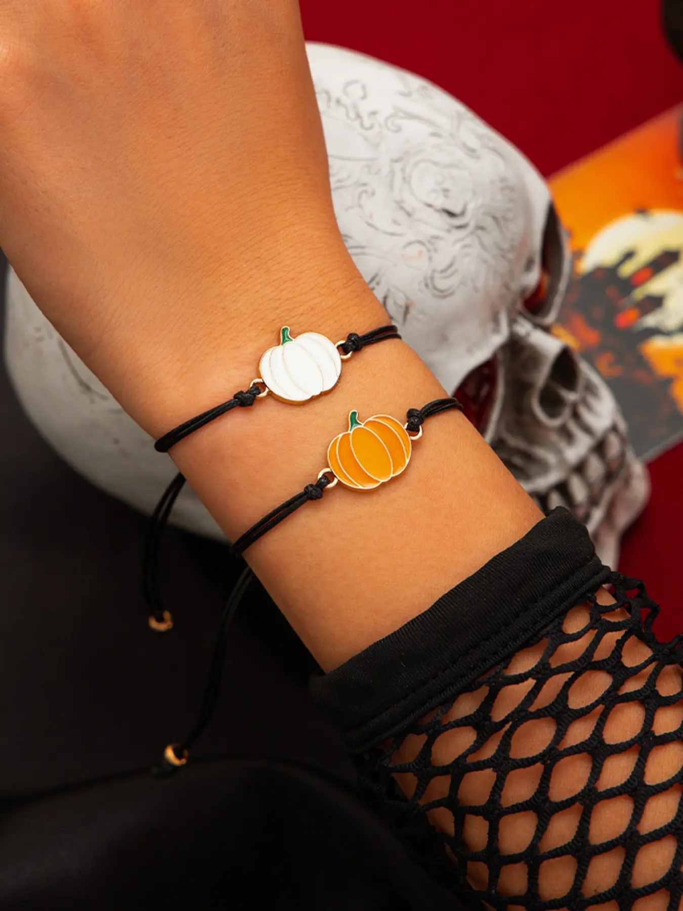2 Pcs Pumpkin Oil Drop Pendant Adjustable Wax Rope Bracelet Set, & Pumpkin Matching Bracelets, Halloween Party Gift