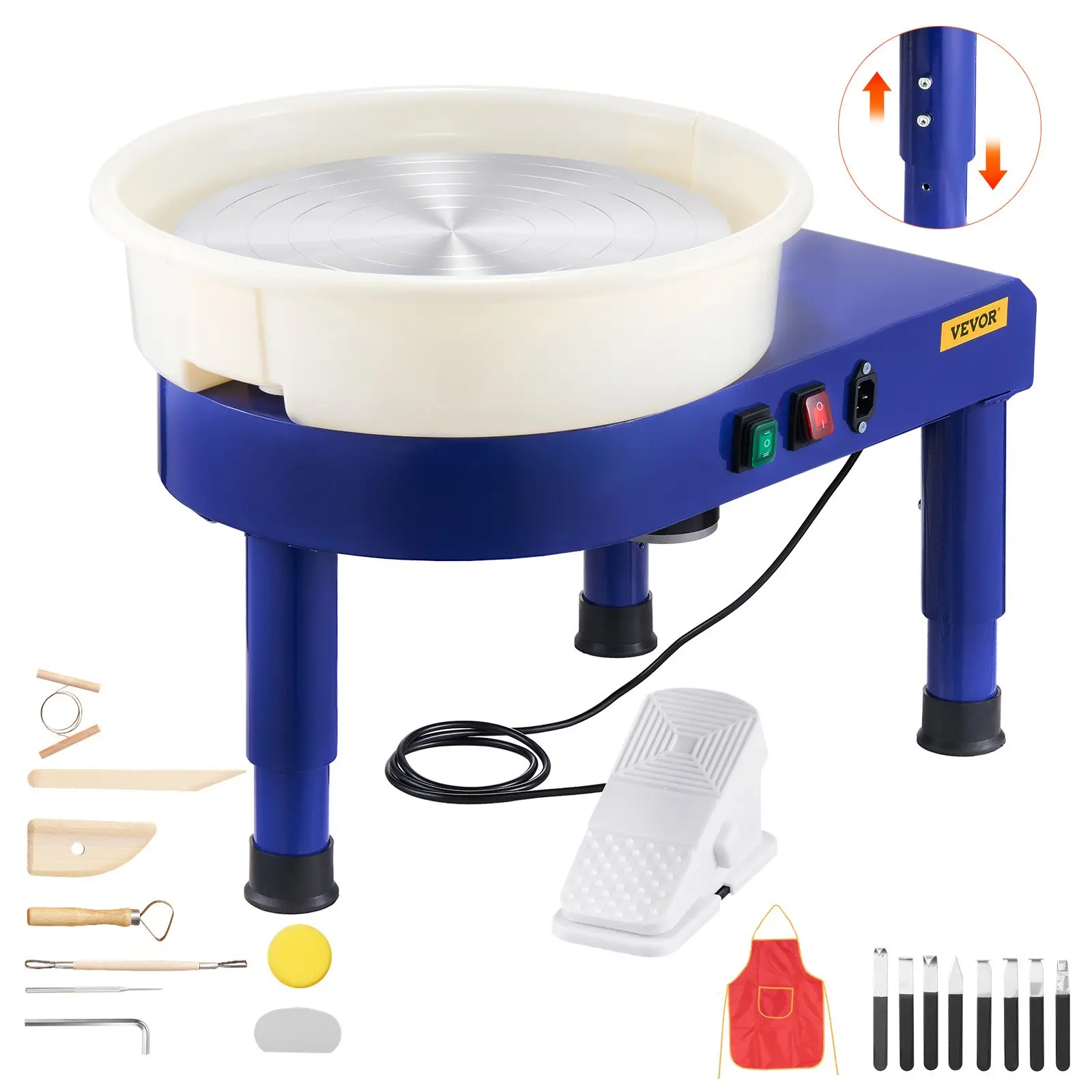 VEVOR 14 in/35 cm Ceramic Pottery Wheel Forming Machine, 60-300 RPM Adjustable Speed, Foot Pedal Control, Detachable Basin, Adjustable Lift Legs, Reinforced Triangular Structure, Complete Accessories for Families Clay/Dough Home DIY, Blue, 14 In / 35 Cm T
