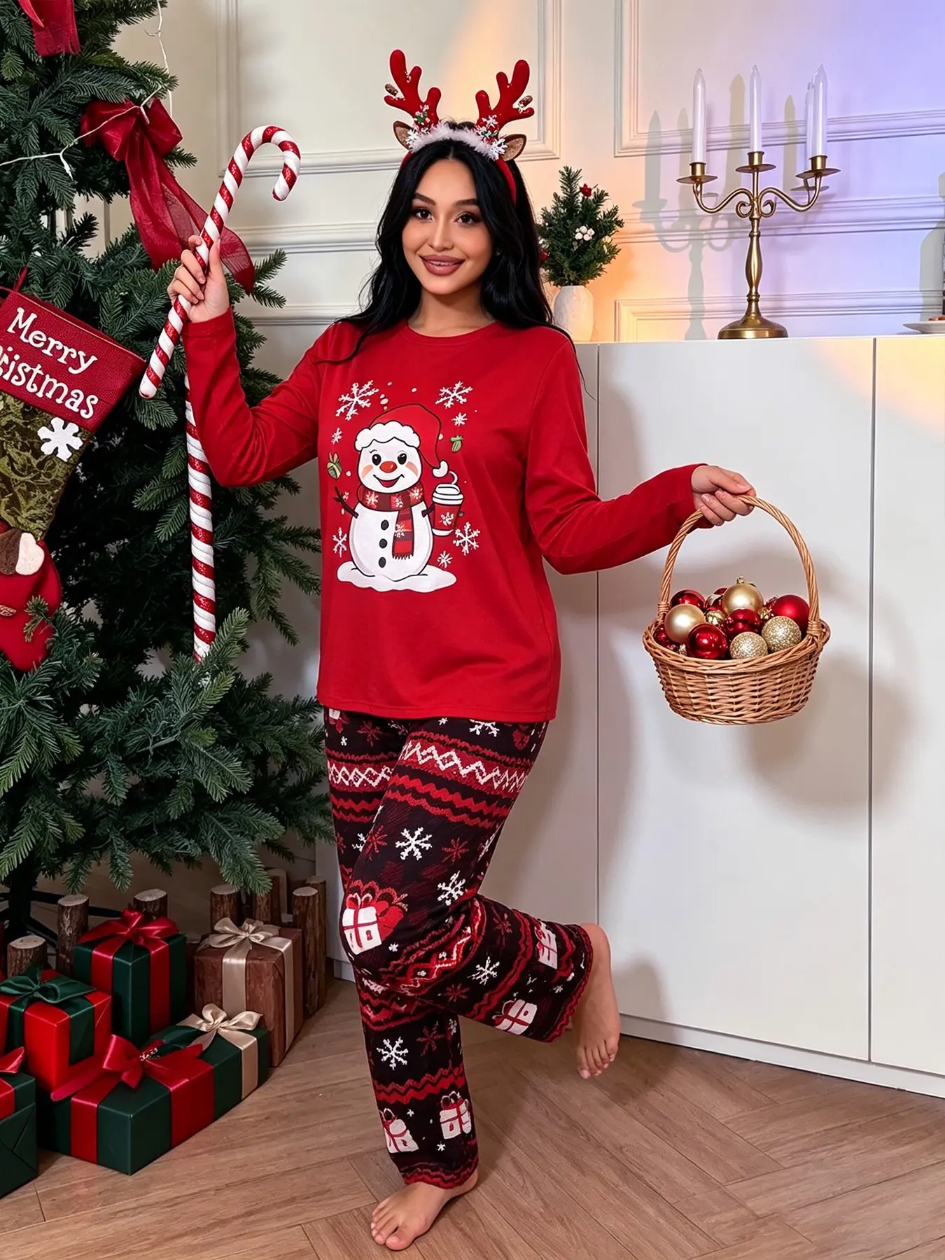 Plus Size Women's Christmas Snowman Print Set, Round Neck Long Sleeve Top and Wide Leg Pants, Perfect for Home Wear, Round Neck Loungewear, Fall Winter