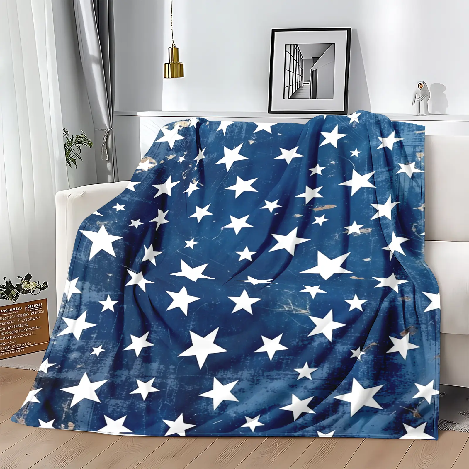 Distressed Star Print Flannel Throw Blanket - Wrinkle Resistant, Breathable, Classic Vintage Navy White, Soft Warm Rustic Patriotic Retro, 30x40 to 60x80 in, Machine Washable Durable, Living Room Couch Decor, Home Travel Gift for Friends, Friends And Fami