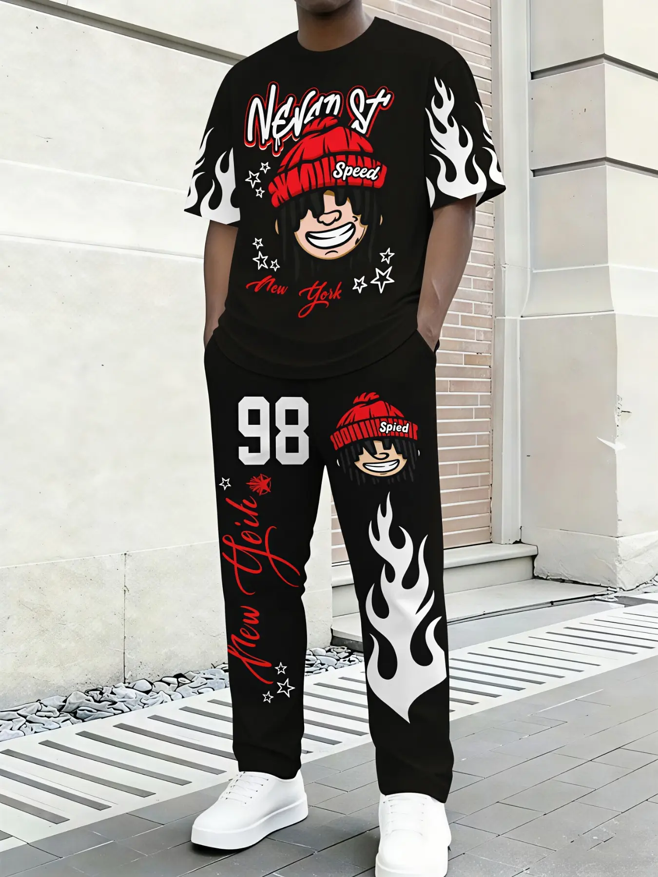 NY City Hip Hop Men’s Scimitar Pants Matching Set For Gen Z Males Skin Friendly Tee Full Flame Side Pants Urban Skate Daily Street Trend Co Ord