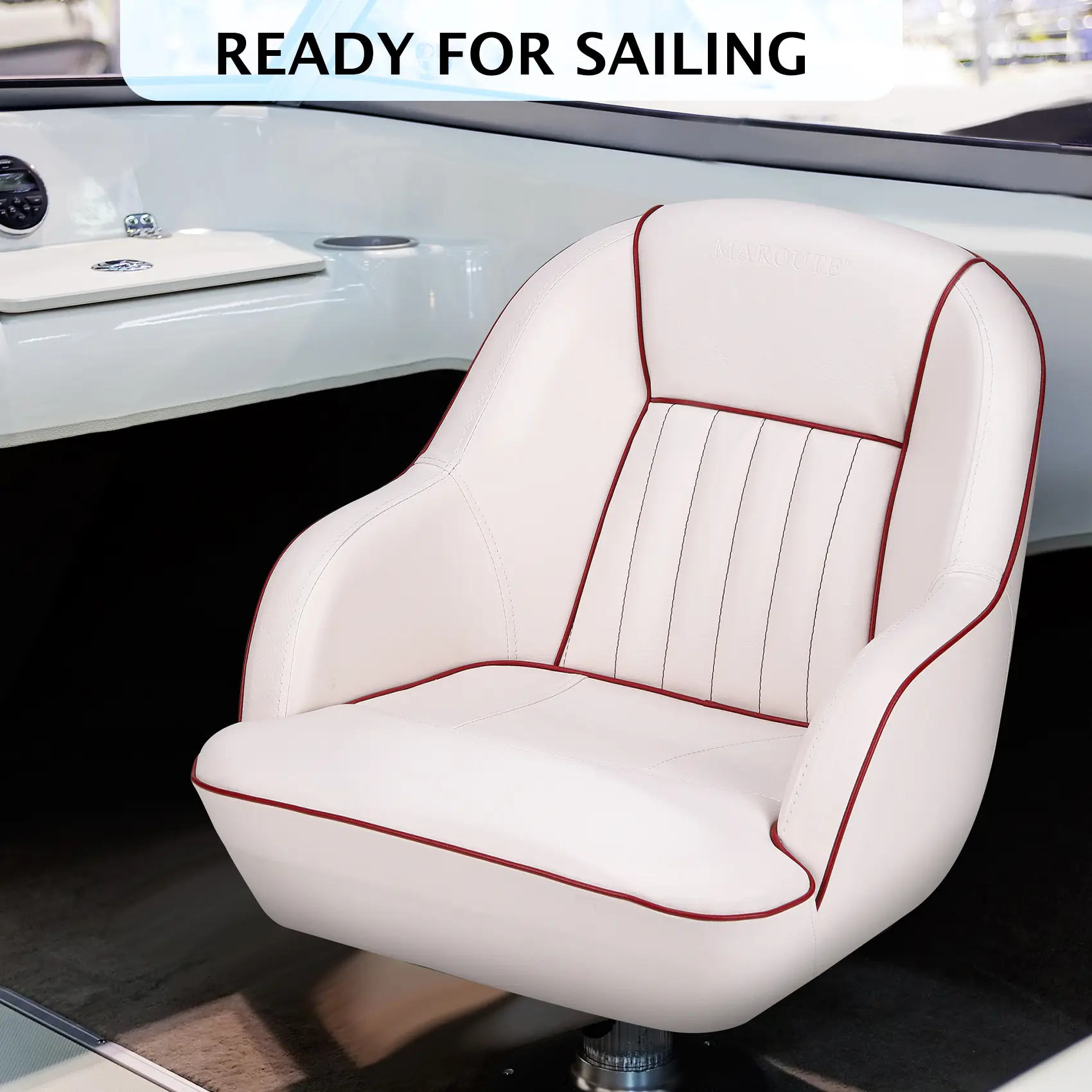 Ergonomic High-Back Pontoon Captain Bucket Seat Only, UV-resistant vinyl marine chair with high-density foam padding, simple installation, perfect for fishing and boating, white with blue piping