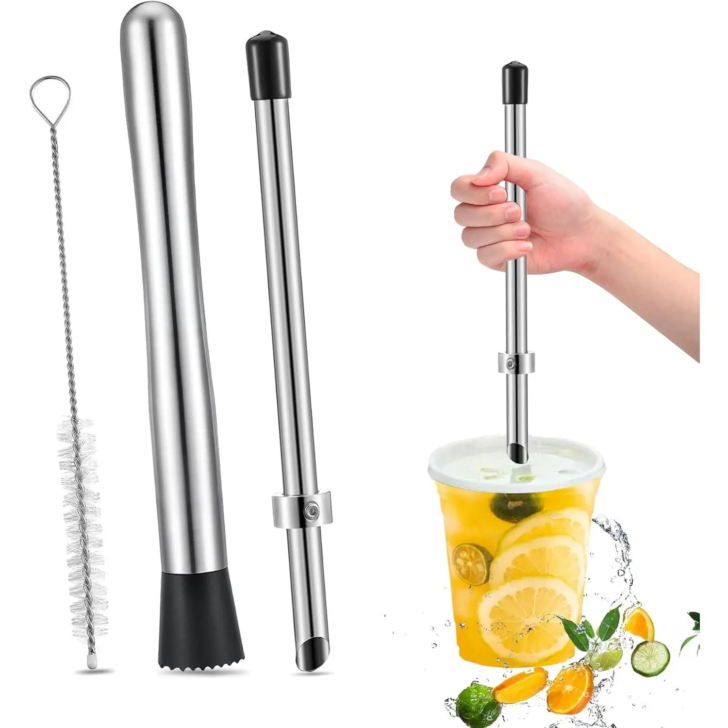 Lemon Smasher, Straw Puncher & Cleaning Brush Set, Stainless Steel Lemonade Muddler, Cocktail Muddler for Homemade Drinks, Lemonade Stands, Garage Sales, Easy Clean for Family & Home Bar Use