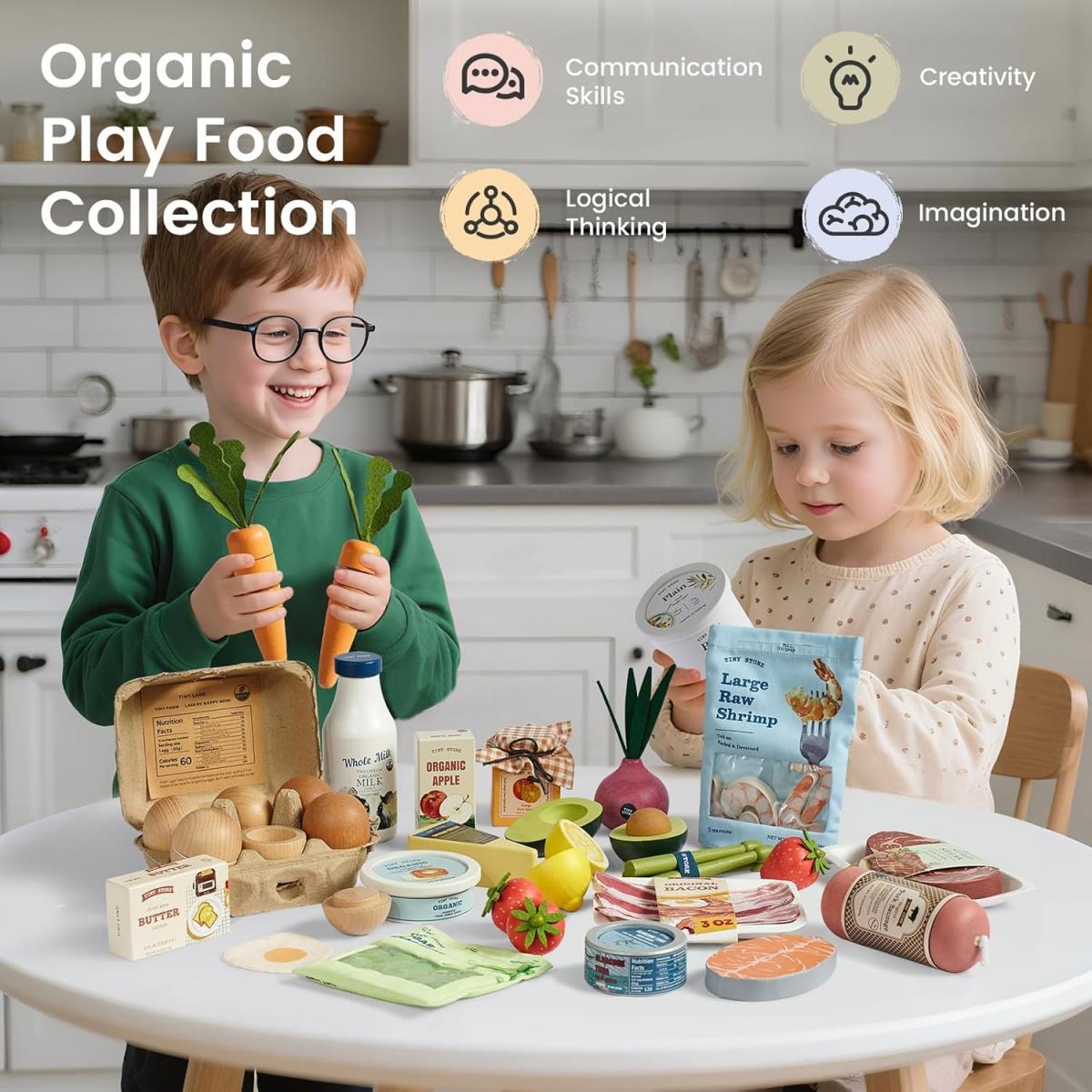 Tiny Land Organic Wooden Vegetable & Fruit Play Set – 7PCS Pretend Food for Kids, Montessori Kitchen Toy for Toddlers, Role Play Grocery Gift