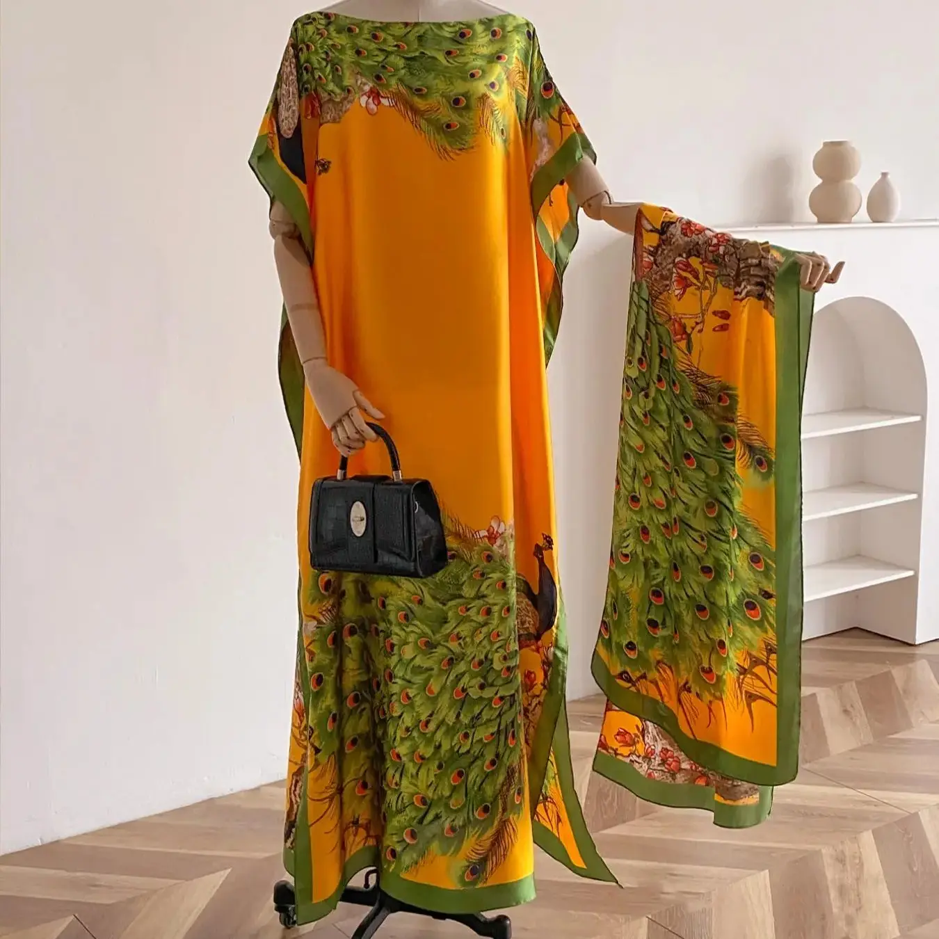 Peacock Print Cape Shawl & Scarf Set for Women, Elegant Swimsuit Beach Cover Up, Lightweight Holiday Vacation Outfit Accessory, Stylish Beach Wrap for Summer Travel