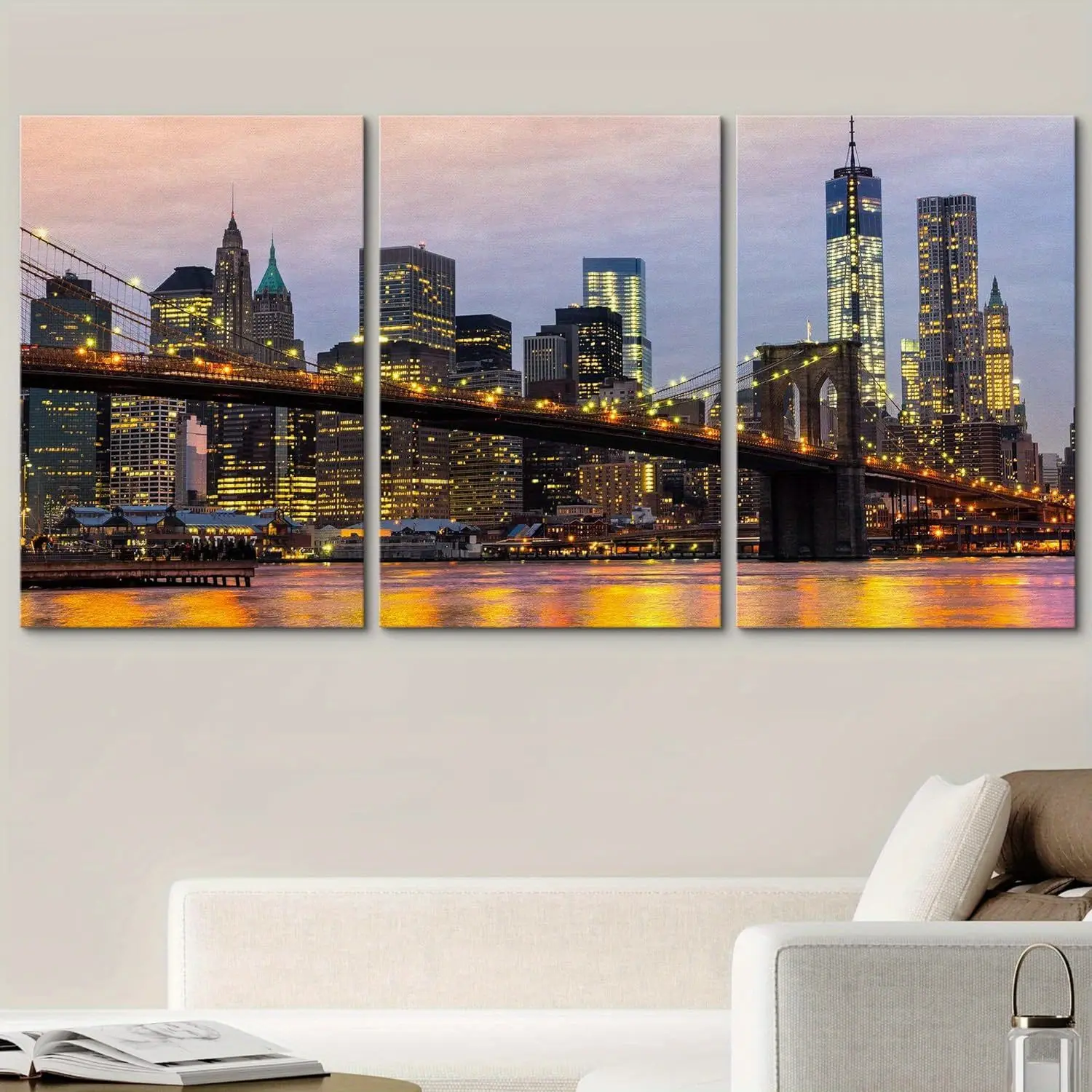 2D 3-piece Brooklyn Bridge New York City Scenery Night Scene Theme Decorative Wall Art, suitable for living room, bedroom, office; home decoration, wall hanging, a gift for New York lovers, architecture enthusiasts, city scenery fans; for housewarming, bi