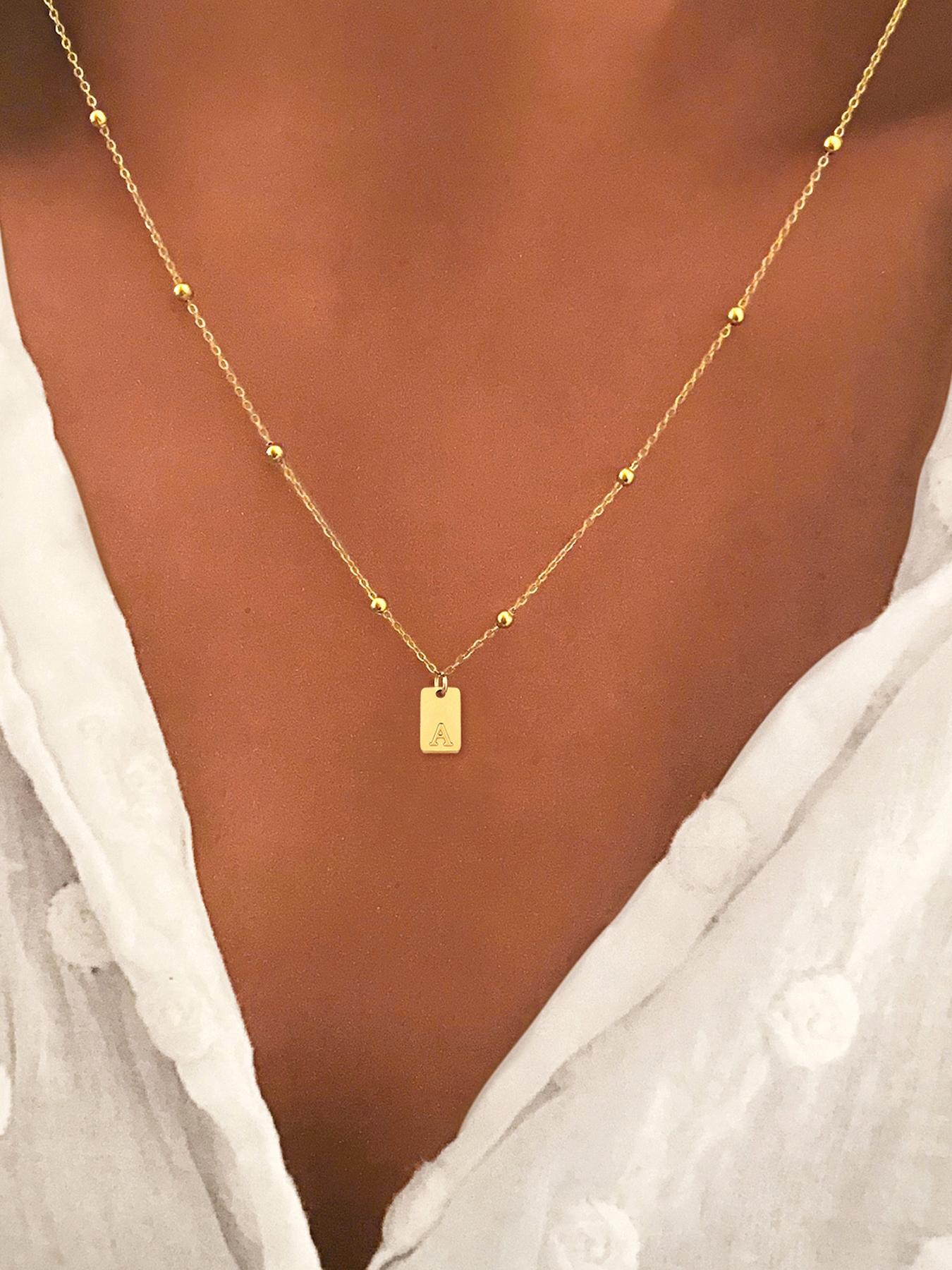 Rectangle Initial Letter Necklace & Necklets, Decorative Necklace, Accessory Necklace for Women, Stainless Steel Jewelry for Party, Daily Clothing Decor, Trendy All-match & Exquisite Jewelry for Birthday Gift