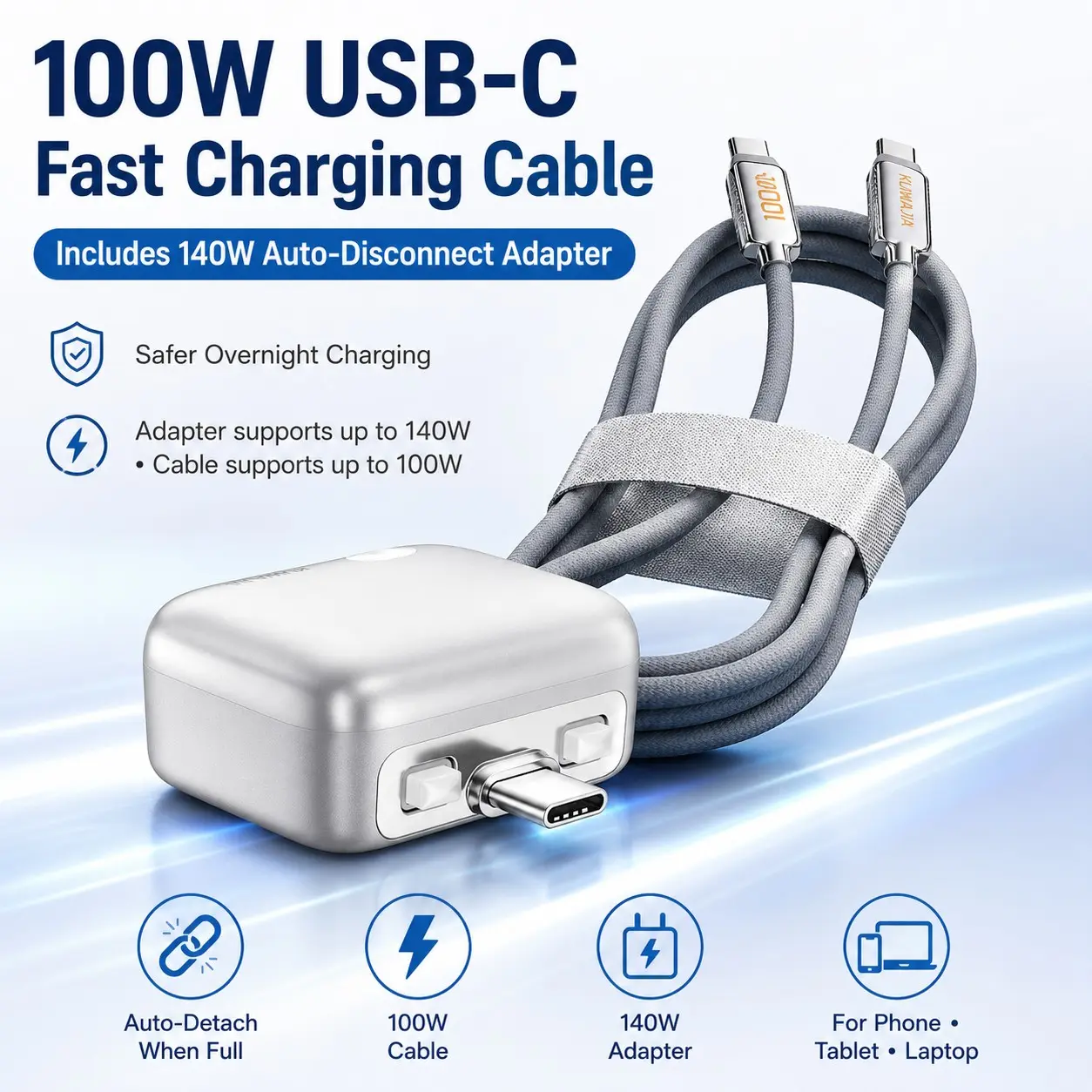 100W USB-C Fast Charging Cable with 140W Auto-Disconnect Adapter, Braided Type-C to Type-C Cable Kit for Phones, Tablets and Laptops, Safer Overnight Charging