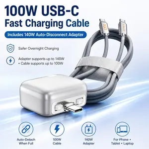 100W USB-C Fast Charging Cable with 140W Auto-Disconnect Adapter, Braided Type-C to Type-C Cable Kit for Phones, Tablets and Laptops, Safer Overnight Charging