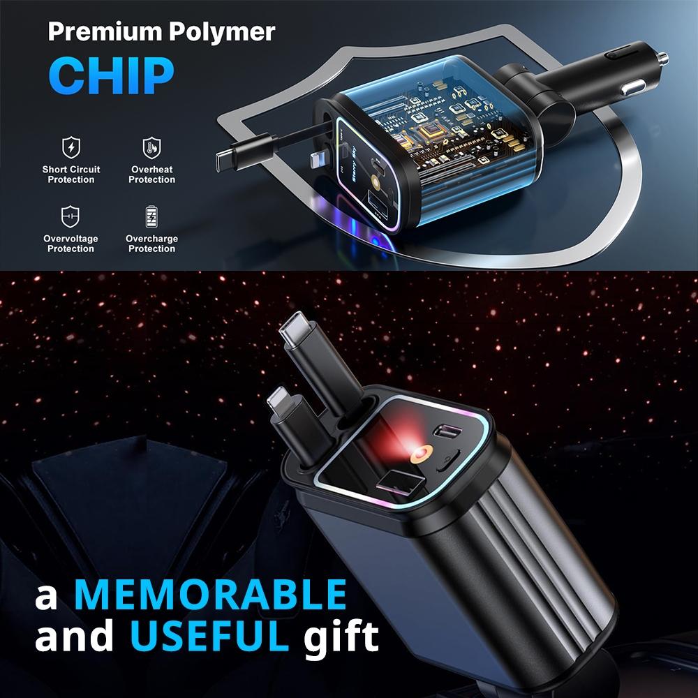 4 in 1 Car Charger, Retractable Car Charger, Dual Type C & Lightning Cable Car Charger, Universal Car Charger for iPhone 15/14/13 Pro Max & Samsung Galaxy S23
