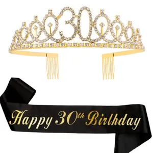 2Pcs Black Gold 21st Birthday Crown and Sash Set, Women Milestone Birthday Tiara & Sash, Birthday Decor Accessories & Gift Supplies for 21 Years Old Birthday Party Celebration