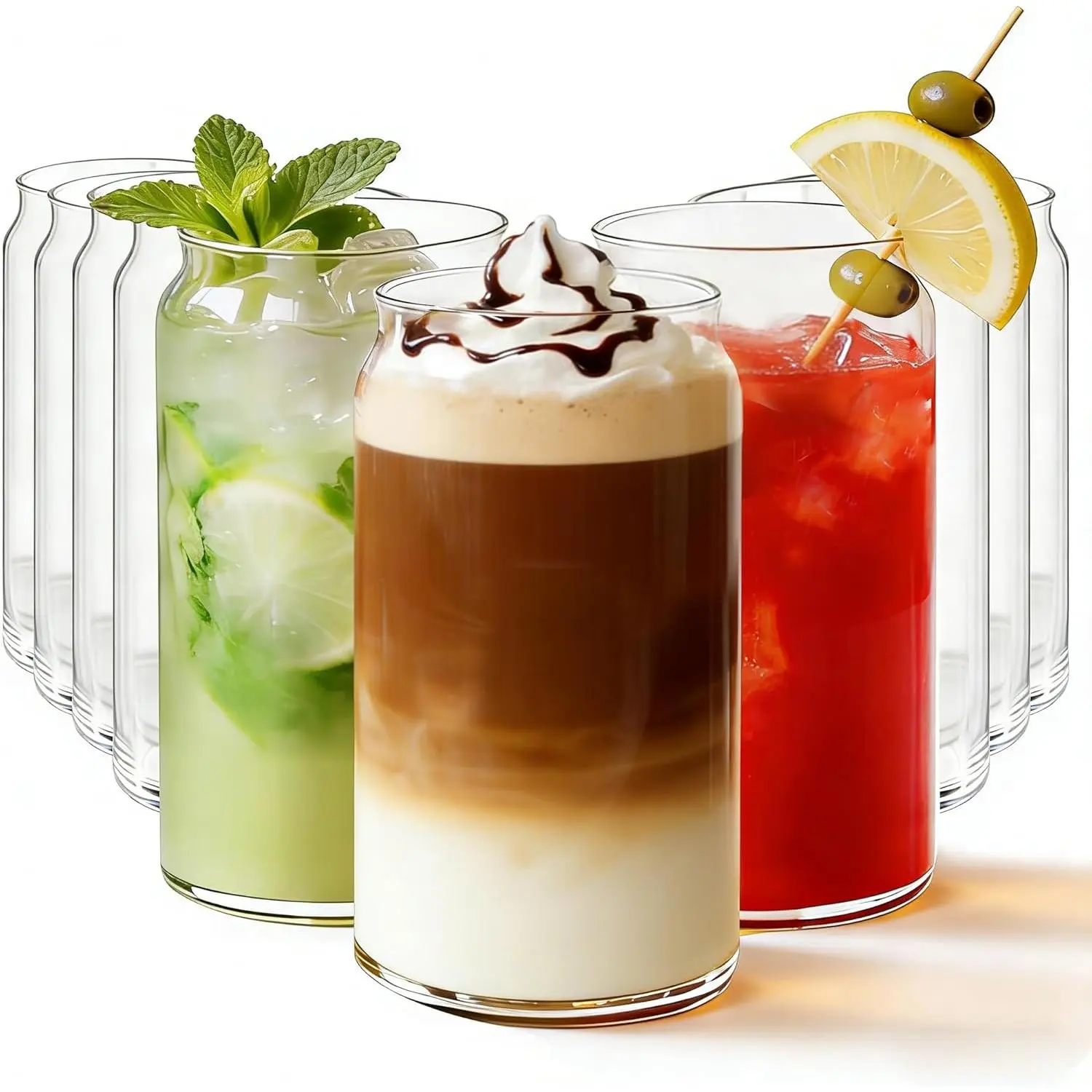 Drinking Glasses Set of 10, 17oz Can Shaped Glass Cups, Clear Highball Glasses, Cute Coffee Tumbler Glass, Ideal for Cocktails, Iced Coffee, Tea, Soda, Whiskey, Water, Beer and Gift
