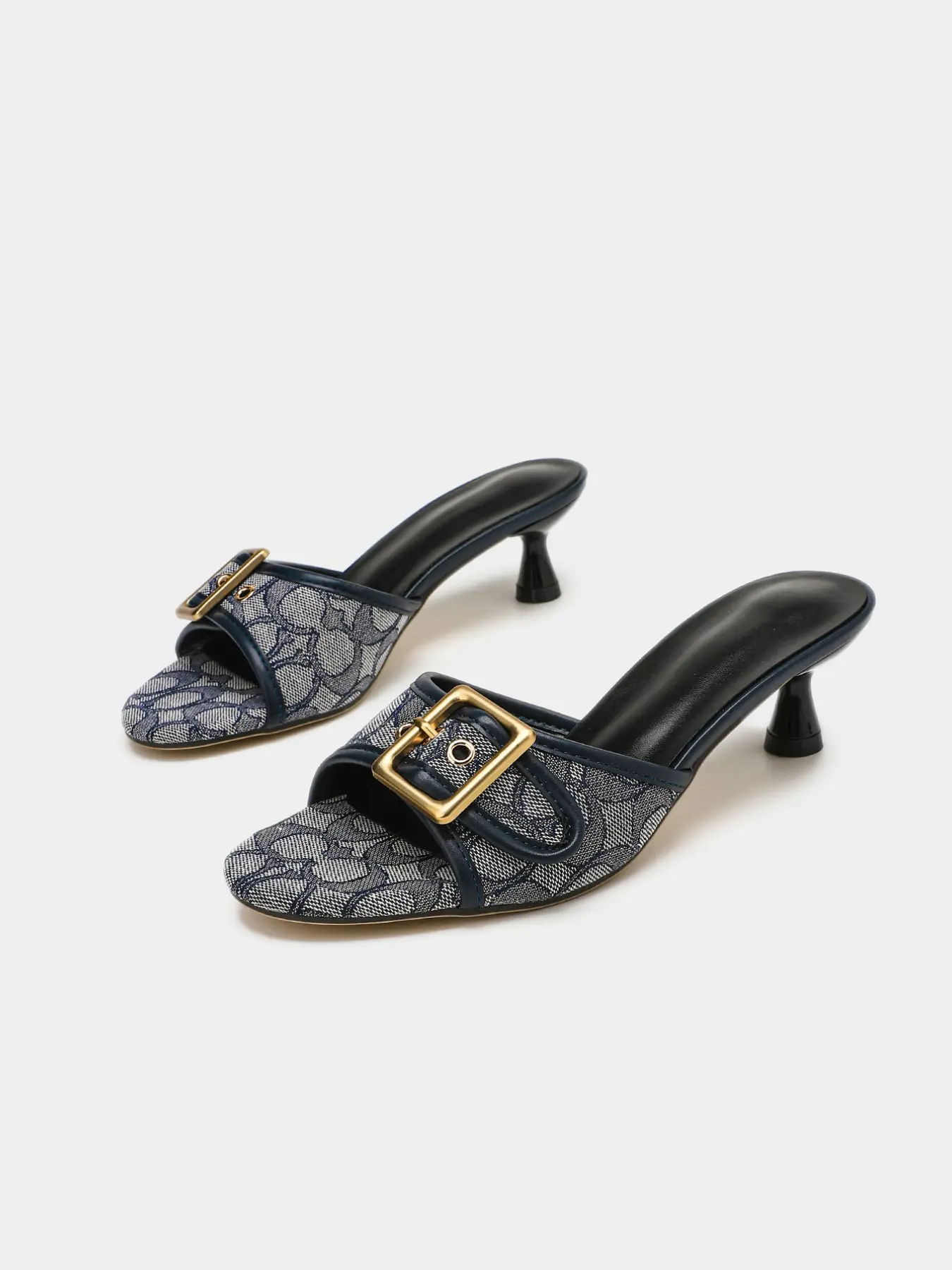 Women's Luxury Monogram Mule Heels Gold Buckle Pointed Toe Kitten Heel Shoes Old Money Style Elegant Dress Shoes