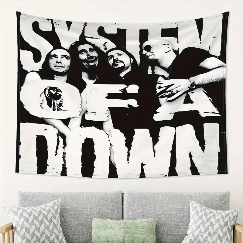 System Series Wall Hanging Tapestry, Decorative Tapestry - Black And White Band Decor With SYSTEM OF DOWN Text, No Electricity Needed Horizontal Poster For Home - Modern Industrial Chic Y2K Indie Room Decor