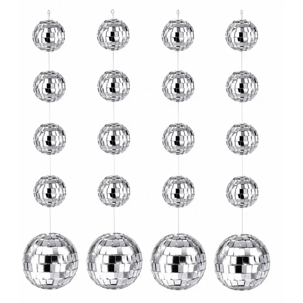 4 Sets Silver Color Mini Disco Ball Hanging Set, Reflective Decorations, 32 Balls with Ropes, Ideal for Wedding Party Supplies