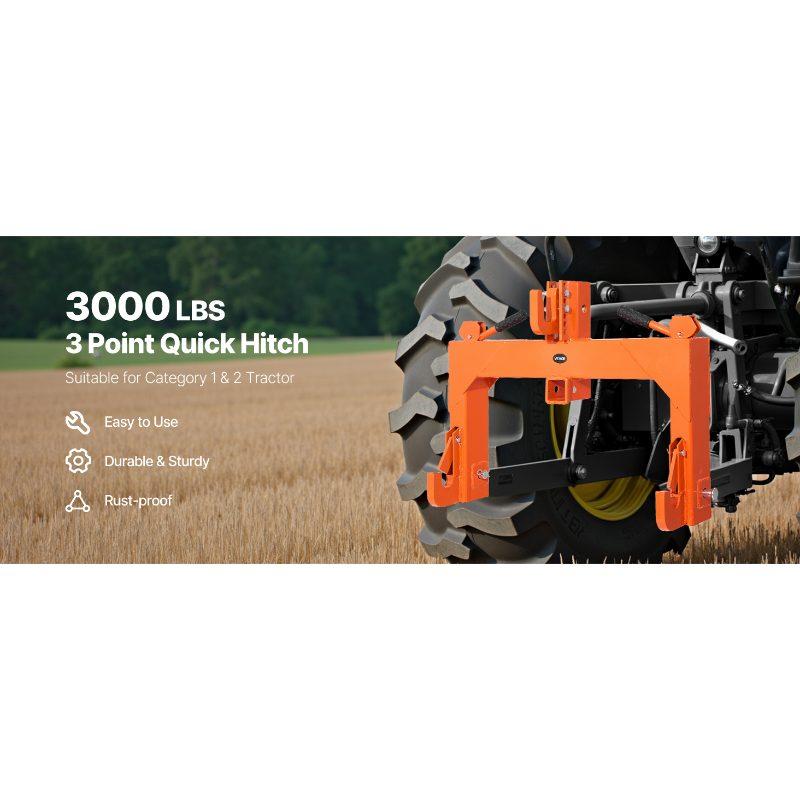 VEVOR 3-Point Quick Hitch with 2 in Receiver, 3000 Lbs Lift Capacity, 3-Pt Hitch with 5 Level Adjustable Bolt, Adaptation to Category 1 2 Tractor, Heavy Duty 3 Point Attachments, Orange