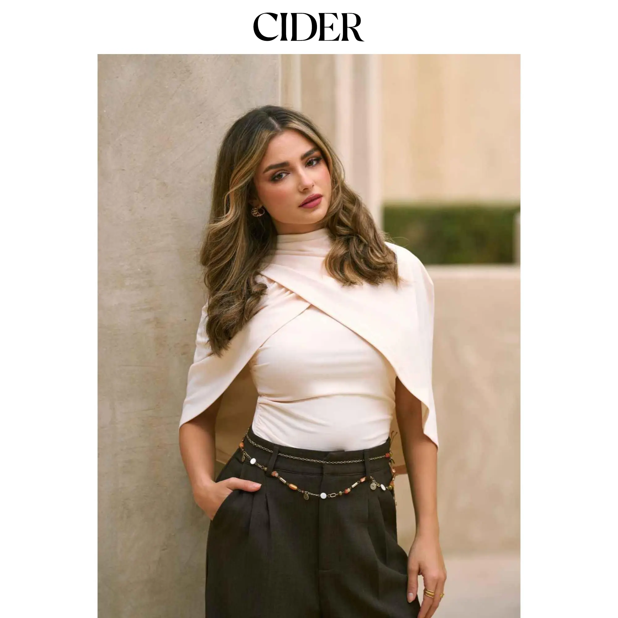 Cider Stand Collar Ruched Wrap Cape Top