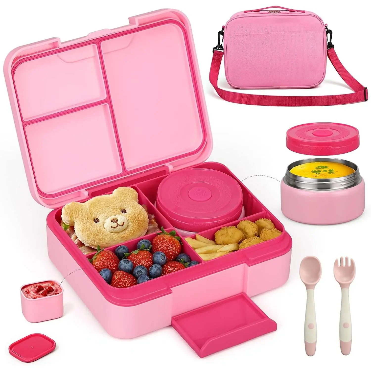 Bento Lunch Box Set with 9.5oz Soup Thermo, Insulated Hot Food Jar, Leak-proof Container and Bag for Kids Adults School PinkGift