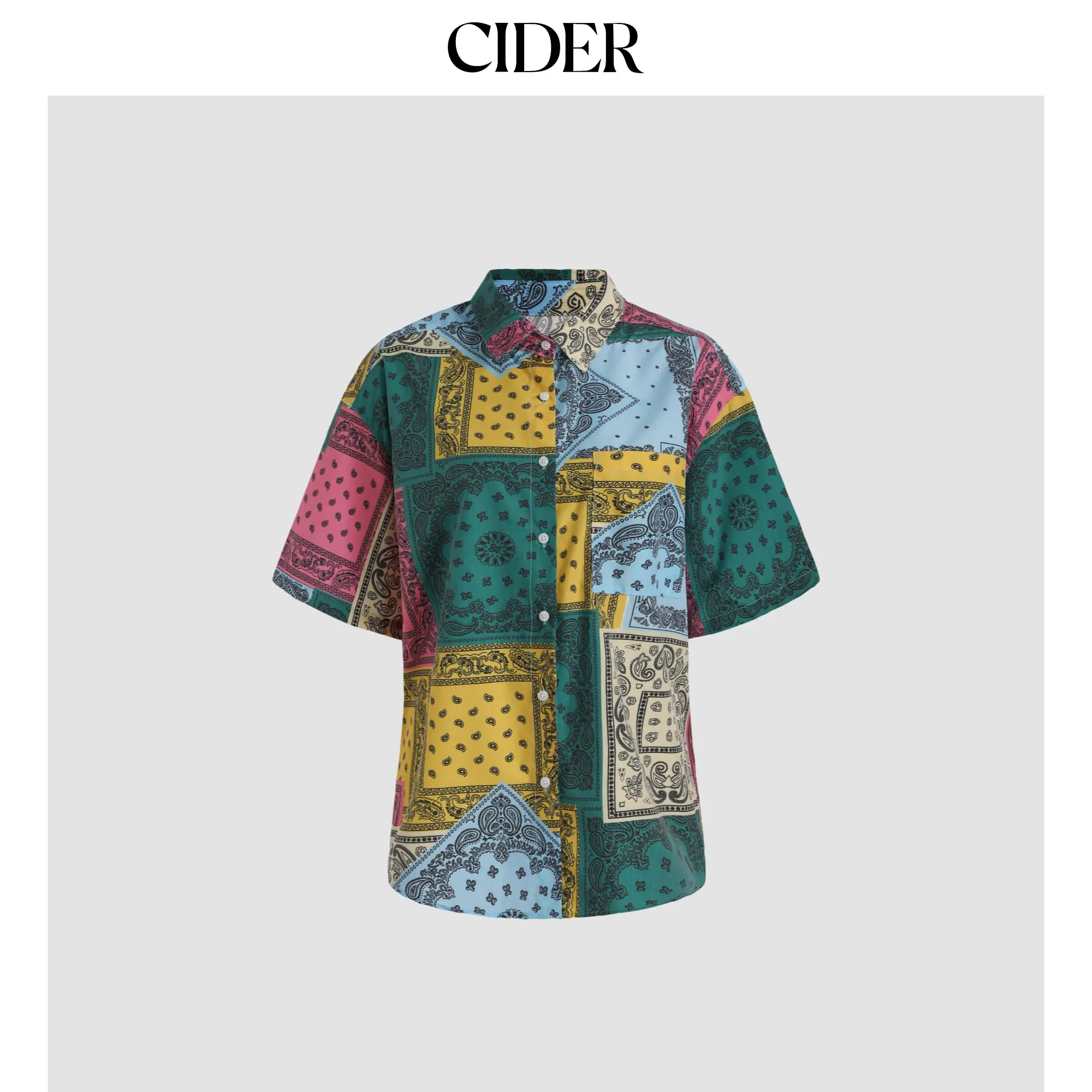 Cider Vibrant Patchwork Paisley Print Oversized Short-Sleeve Button-Down Shirt