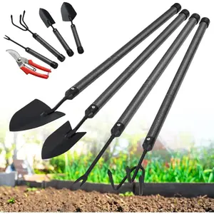 Garden Tool Set with Extended Long Handle, 5 count Stainless Steel Gardening Tool Kit, Gifts for Parents and  Including Trowels, Hand rake, Weeder, Pruning Shears for Weeding Planting