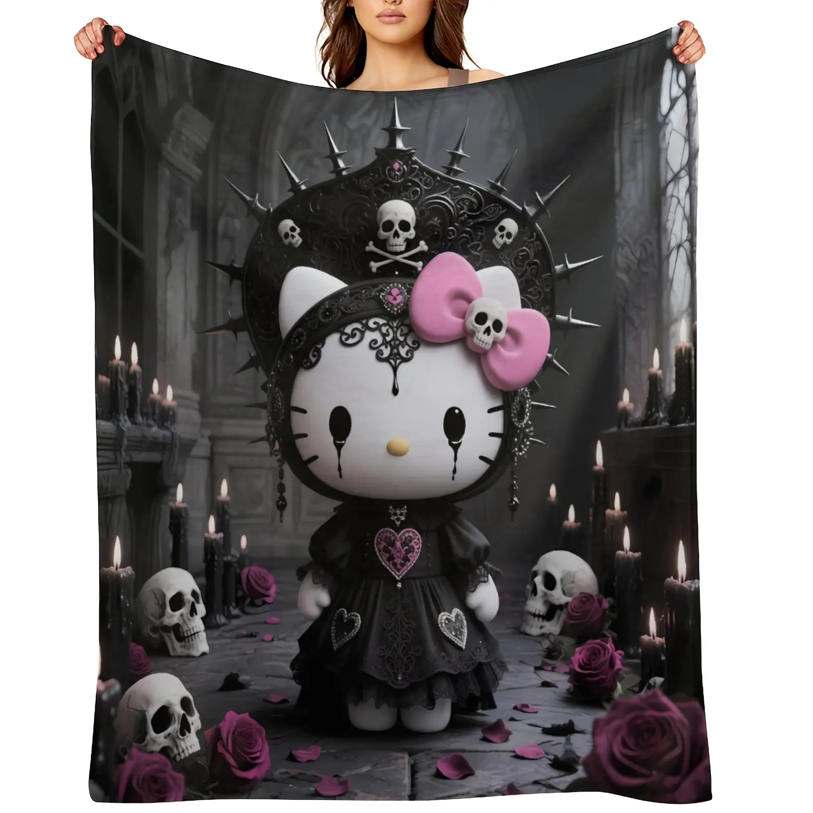 Vintage Retro Skull Queen Print Fleece Blanket - Traditional Crochet Rectangular Adult Cotton Blanket, Extra Soft, Breathable, Wrinkle Resistant, Fade Resistant, Durable, All Seasons, Machine Washable, Ideal for Home, Travel