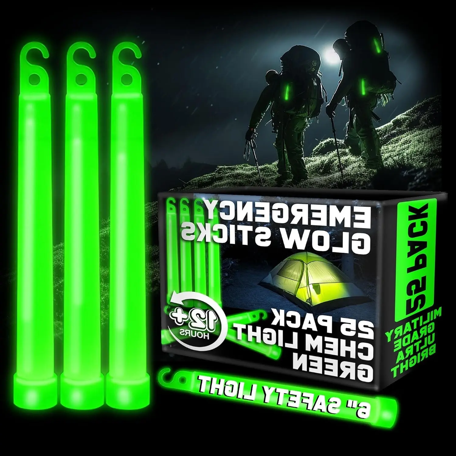 Ultra Bright Green Glow Sticks 6 Inch 25 Pack - 12 Hour Military Grade Emergency Chem Lights for Survival Gear, Camping, Power OutagesGift