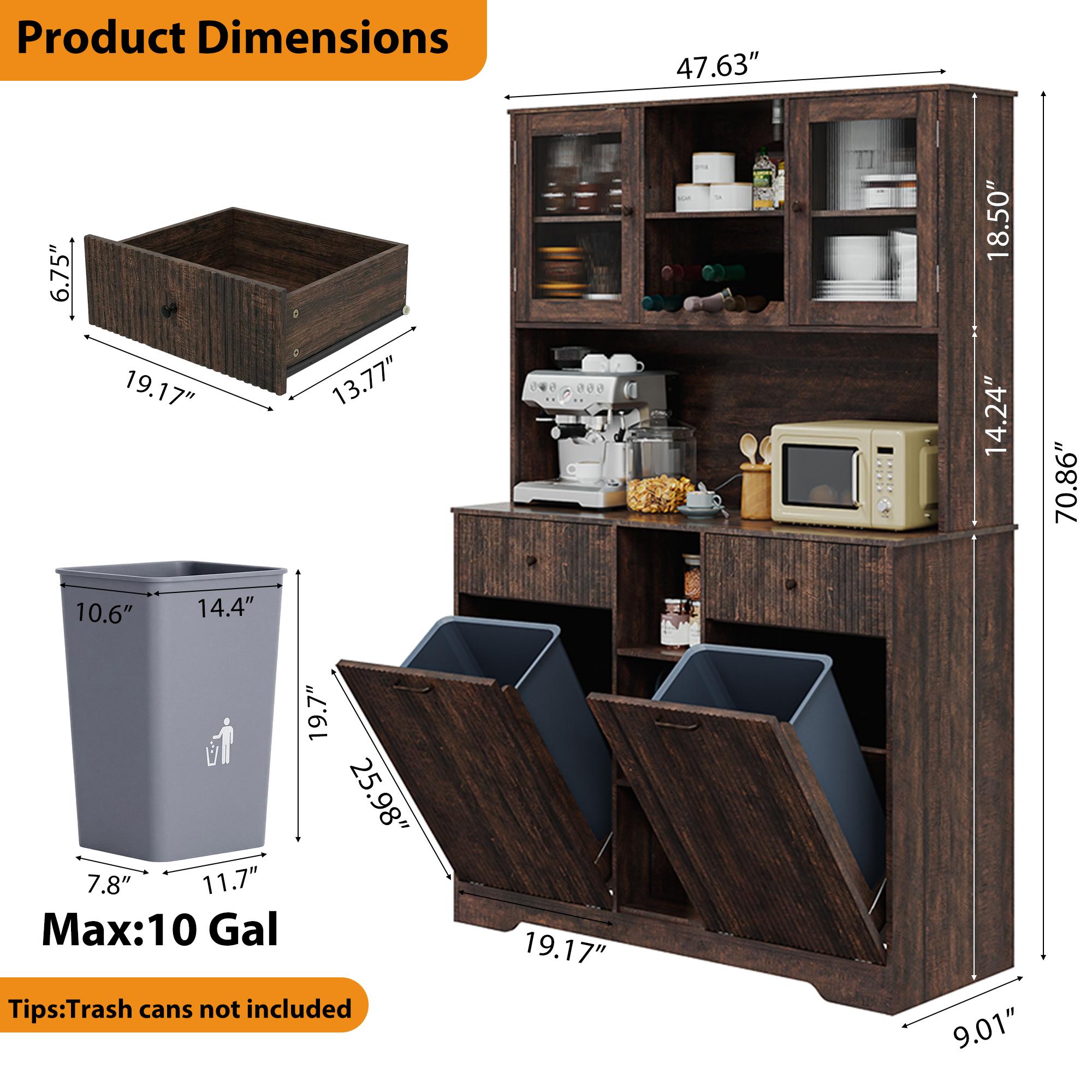 【2Packages Shipping】10×2 Gallon Double Tilt Out Garbage Can Hutch Cabinet with Two Drawers, 71'' Farmhouse Pantry Cabinet with Power Outlet, 47" Wide Pantry with Hidden Garbage Storage for Dining Room, White/Dark Brown