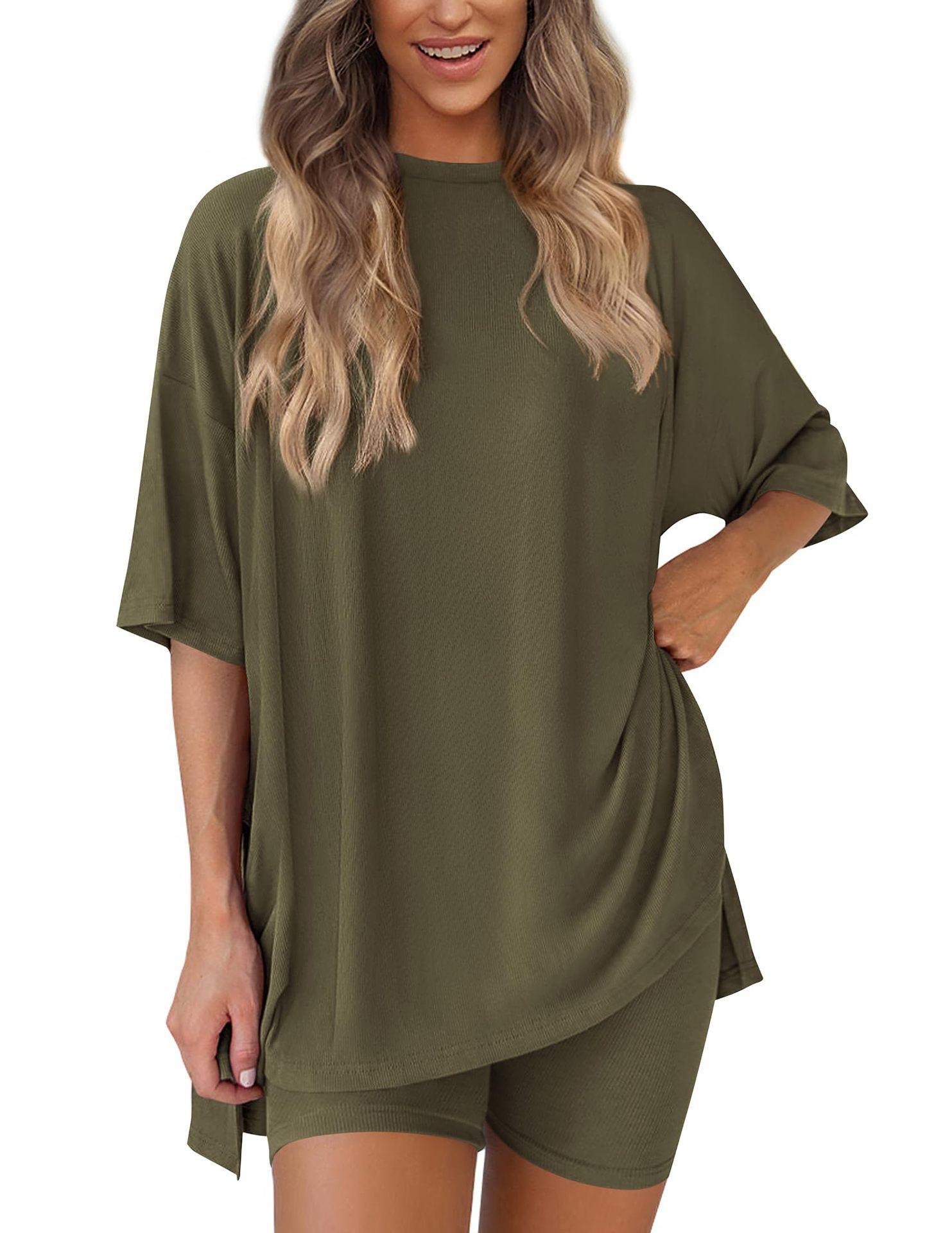 Women's 2-Piece Lounge & Workout Set |   Oversized Side Split T-Shirt + High Waist Shorts, Solid Comfy Outfit XS-4XL