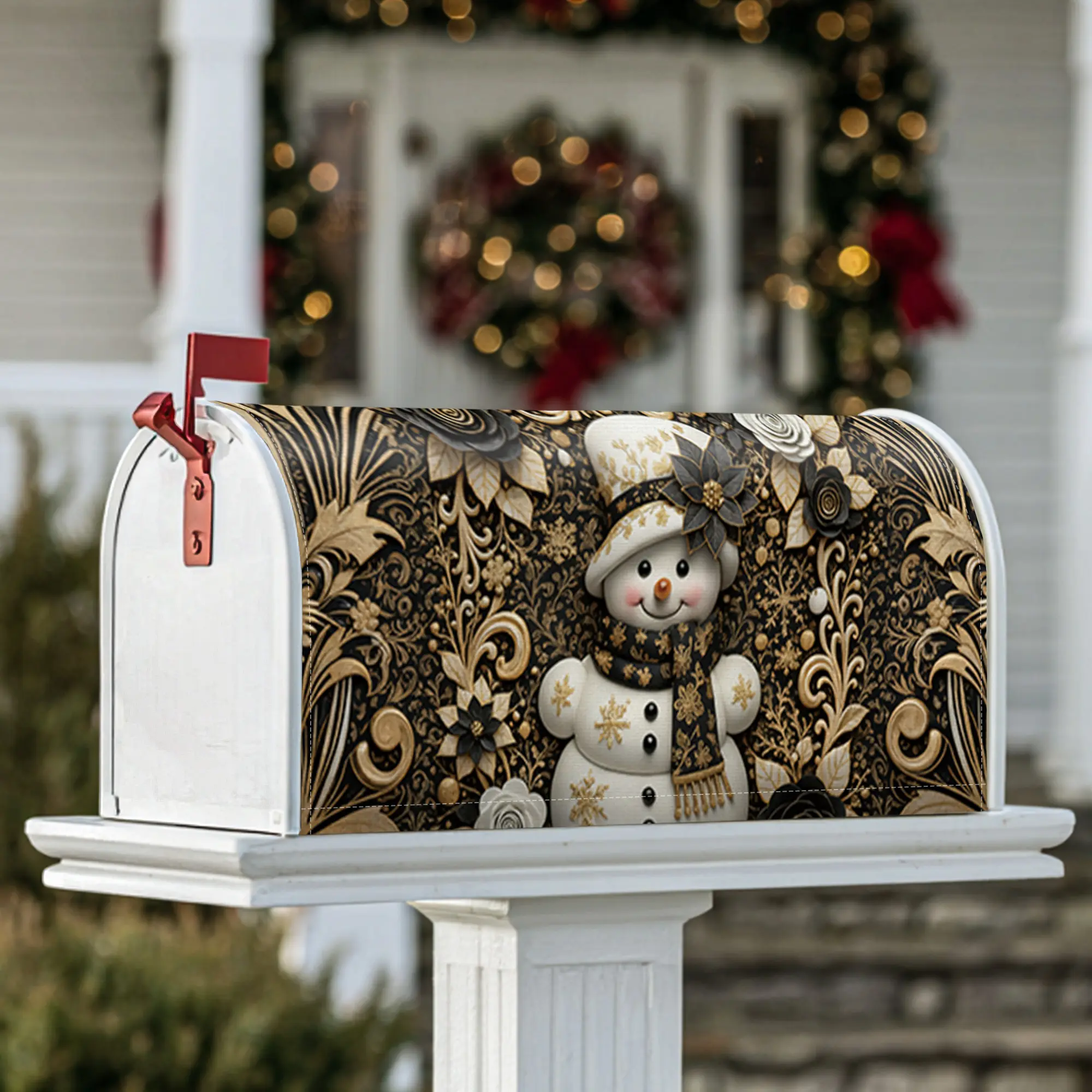 snowman Magnetic Mailbox Covers, Christmas festive floral snowflakes Christmas gold Mailbox Covers for Outside for Lawn Decoration
