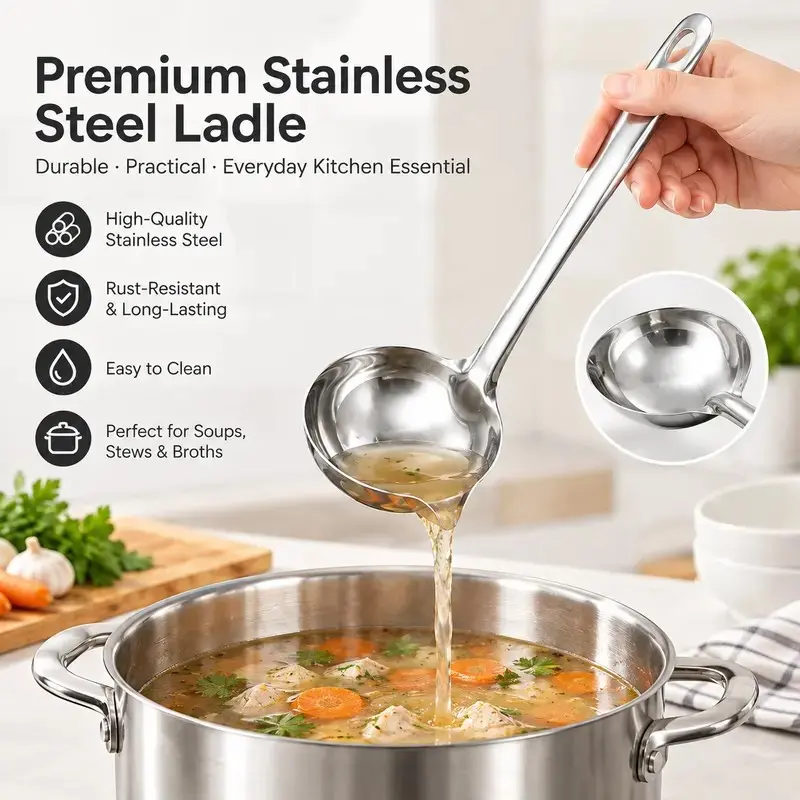 Stainless Steel Oil Separator Spoon Set, Mirror Polished, Ergonomic Handle, Ideal for Kitchen Cooking, Daily Use