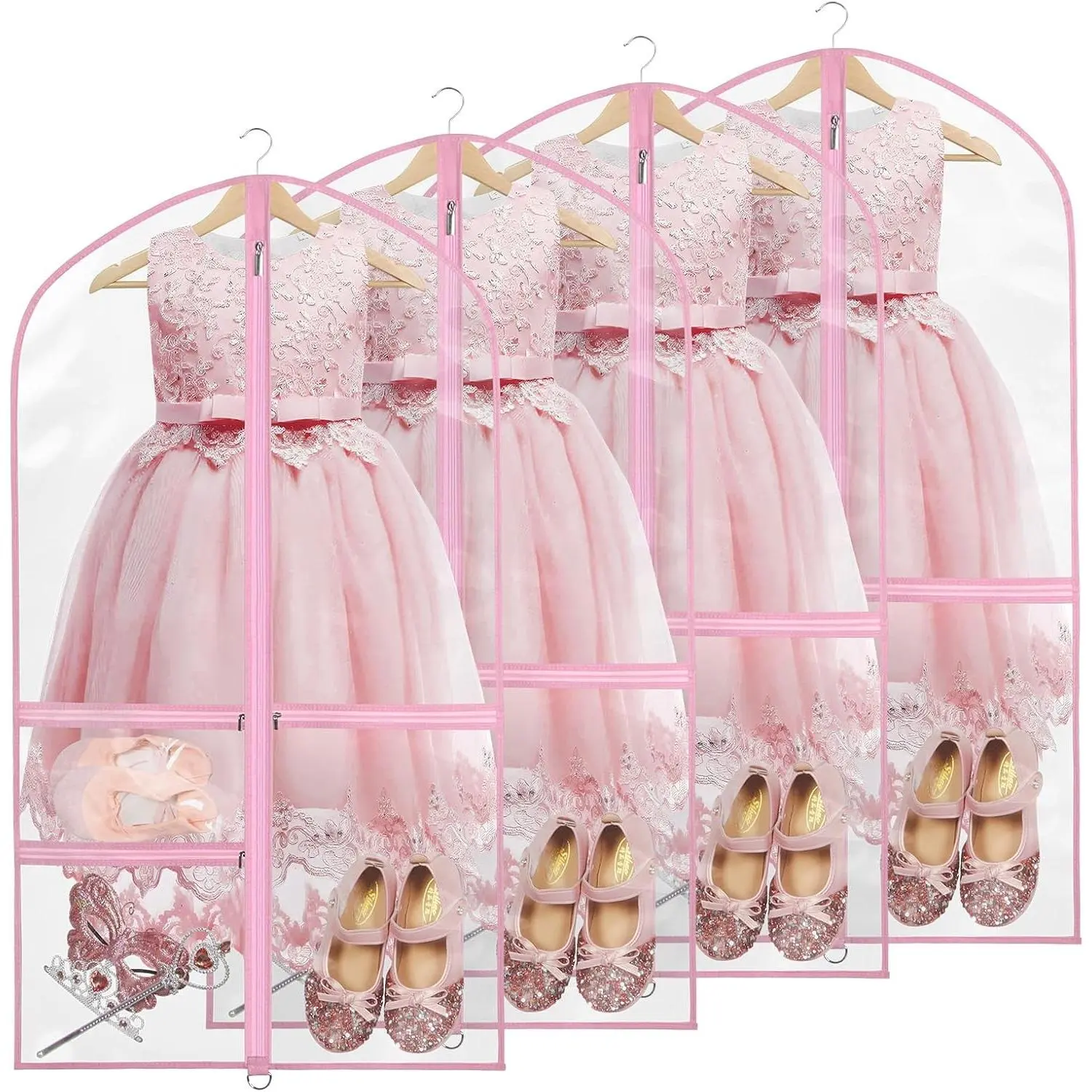 Clear Dance Garment Bags for Dancers 40” Dance Costume Garment Bag Dance Competition Must Haves with 3 Clear Zipper Pockets for Dance Competitions Set of 4 [Upgraded Version]