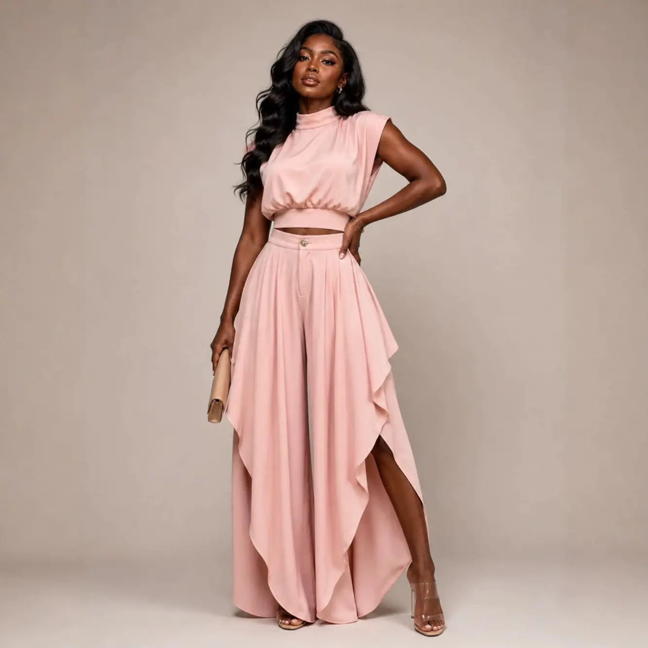 Women's 2-Piece Loose French Minimalist Summer Clothing Set - High-Neck Sleeveless Crop Top, Asymmetric Ruffled Wide-Leg Polyester Blend Pants, Oversized, Basic