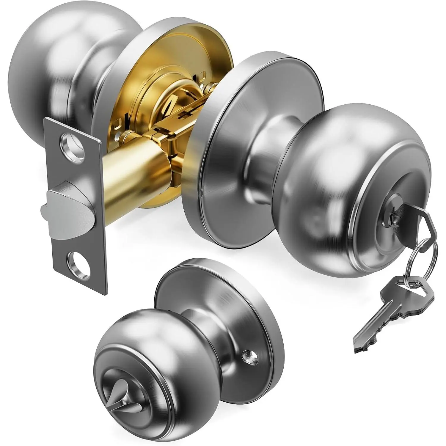 Brushed Nickel Round Door Knob with Lock and Key, Keyed Entry Knob for Bedroom and Exterior Doors, 1 PackGift