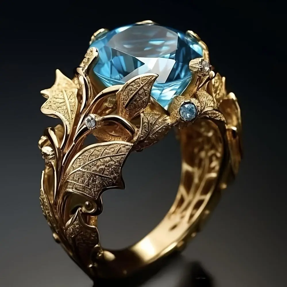 Women's Elegant Floral Engagement Ring - Copper Base Blue Synthetic Zirconia Wedding, December Birthstone Suitable for Valentine's Gift, Wedding & Banquet Accessories, Year-Round Luxury Wedding