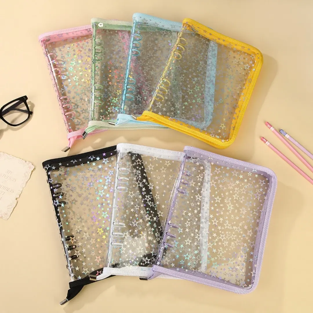 A5 Transparent Star Zipper Binder, 6-Hole PVC Cover, Photo Album Organizer, Ideal for Cards/stickers/pictures, Home Storage Tool