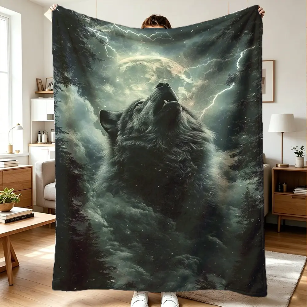 Moonlit Howl Wolf Fleece Blanket, 100% Polyester Digital Print, Lightweight All-Season Comfort, Ideal Gift for Men, Casual Style