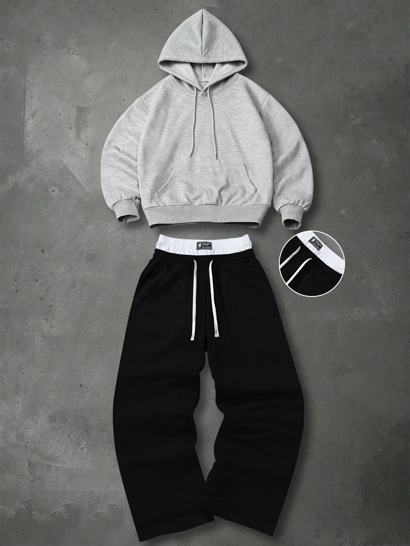 Hooded Sweatshirt Jogger Matching Set Streetwear Loungewear 2pcs Outfit, Dual Layer Inner White Waistband Decor Drawstring Wrinkle Resistant Breathable Non Restrictive Tracksuit, Machine Washable Cozy Outfit for Weekend Relax Running Commute Campus Daily