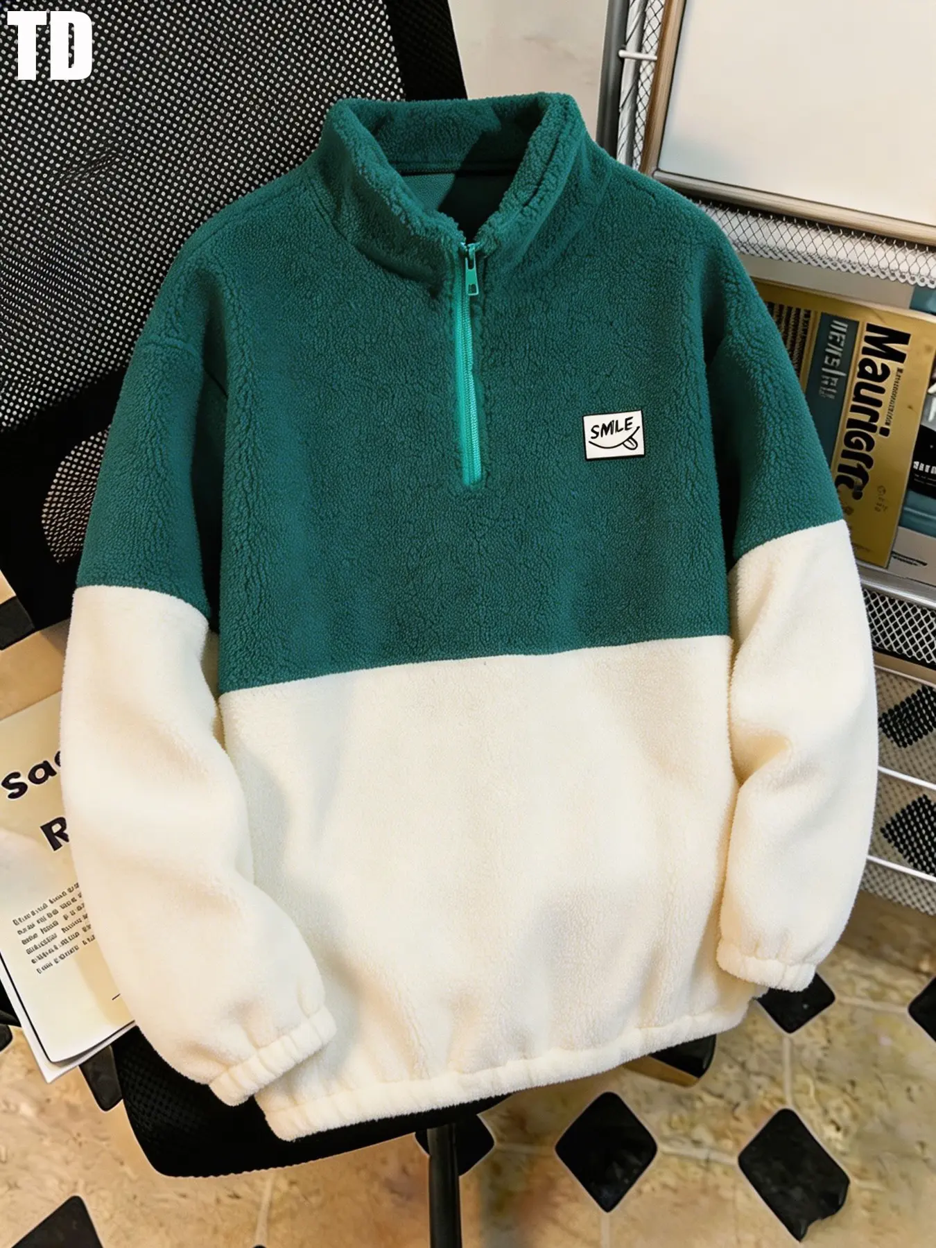 Td New Casual Trendy Colorblock Fleece Pullover Jacket, Long Sleeve Drawstring Hoodie, Spring & Fall Outerwear for Men
