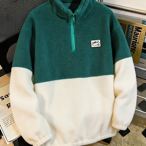 Td New Casual Trendy Colorblock Fleece Pullover Jacket, Long Sleeve Drawstring Hoodie, Spring & Fall Outerwear for Men, Casual Comfy Jacket