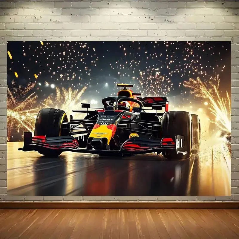 1 2D Formula racing theme photo banner with sparks Background Cloth- bright red and black formula car design, racing party decoration