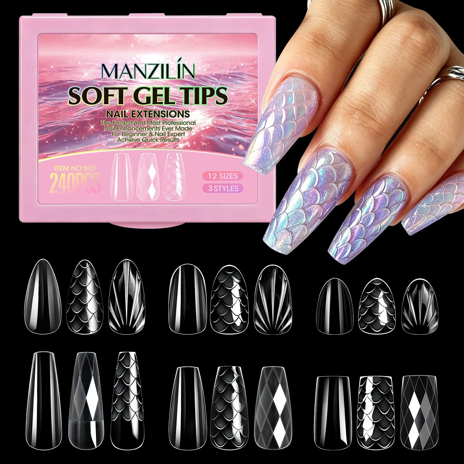 240pcs Soft Gel Ballet Nail Tips, Ballerina Nail Clear Coffin Almond Slender Stiletto Oval Square Other Shapes Style Box Nails, Shaped Acrylic False Nail Tips 12 Sizes for Home DIY French-Style Pointed Fake Nail Tips Diy Nail Art